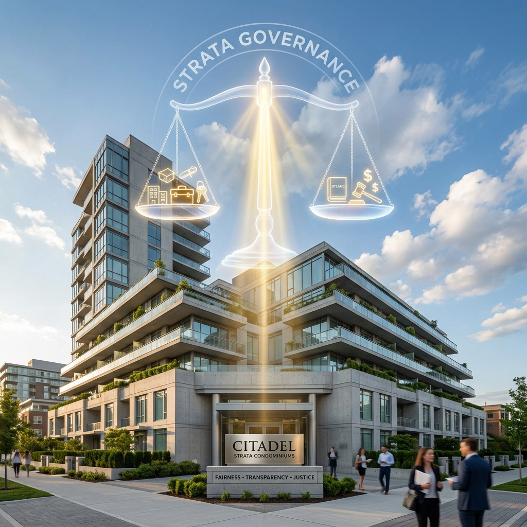 Modern condominium building with a glowing scale symbolizing strata governance